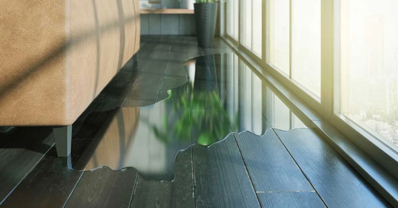 Water on a living room floor after a plumbing leak